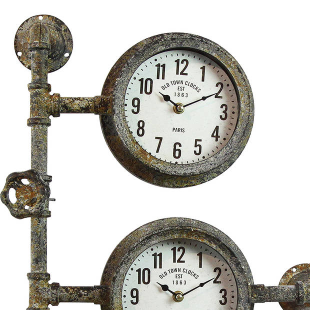 HAES DECO - Wandklok Industrieel met 3 klokjes - Metalen Industriele Vintage Muurklok - formaat 69x41x16 cm
