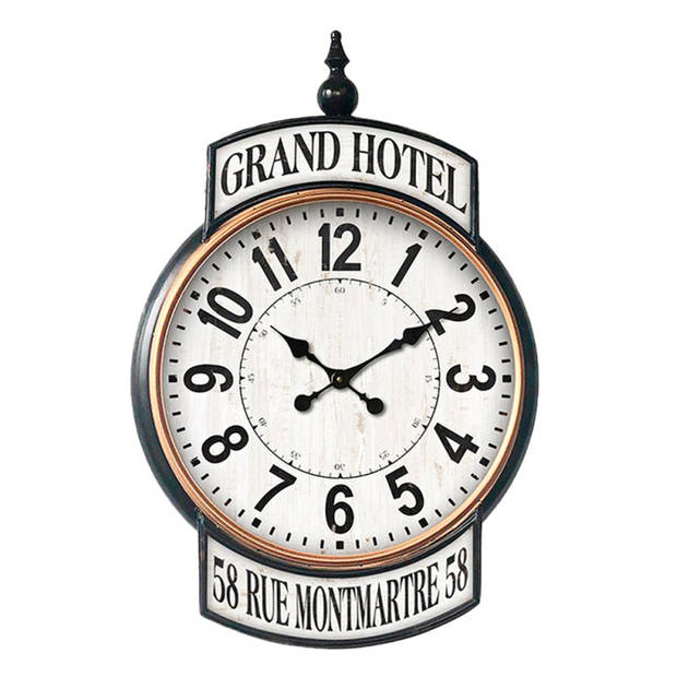 HAES DECO - Grote Wandklok 62x93 cm Vintage Wit Zwart bedrukking GRAND HOTEL - Wijzerplaat met Cijfers - Metalen Klok