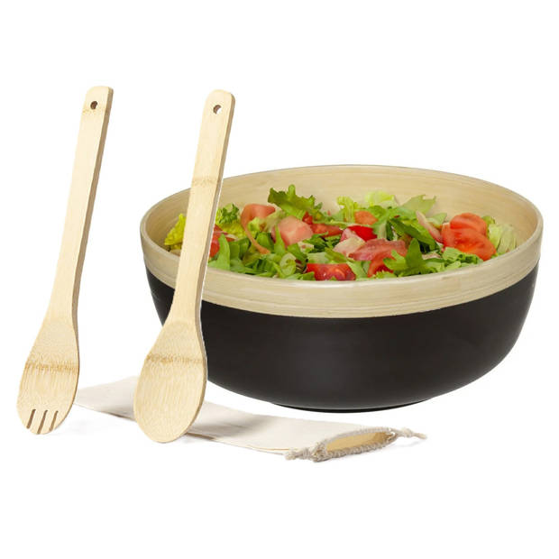 Secret de Gourmet Slakom/schaal met slacouvert - Bamboe hout - D30 cm - Saladeschalen