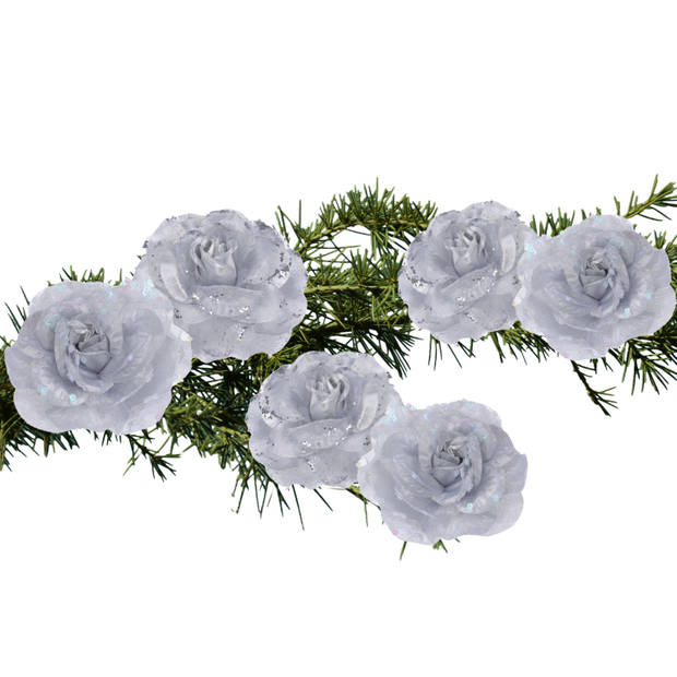 6x stuks decoratie bloemen rozen zilver op clip 9 cm - Kunstbloemen