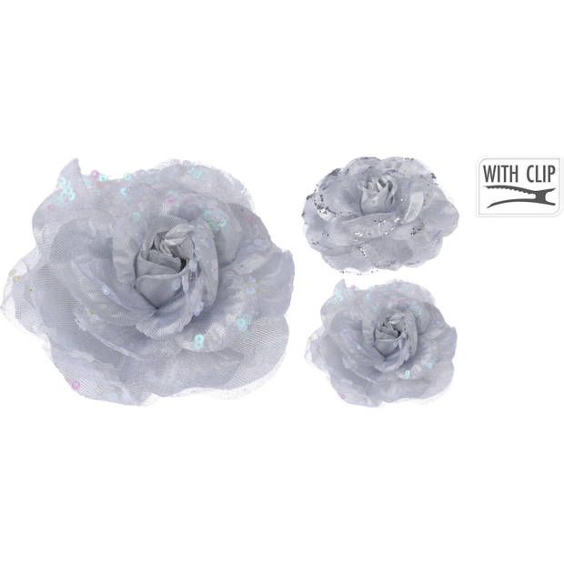 6x stuks decoratie bloemen rozen zilver op clip 9 cm - Kunstbloemen