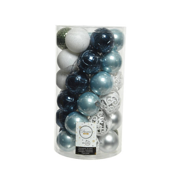 37x stuks kunststof kerstballen 6 cm incl. glazen piek blauw-wit-zilver-groen - Kerstbal