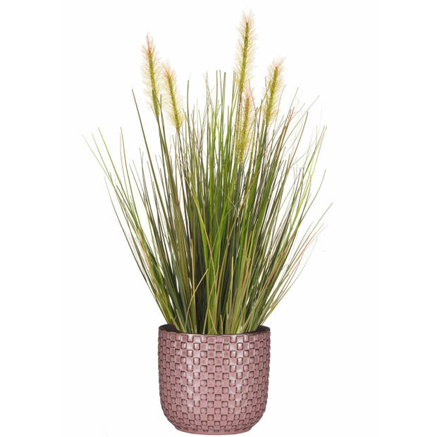 Emerald Kunstplant - groen gras 45 cm - roze bloempot keramiek - Kunstplanten