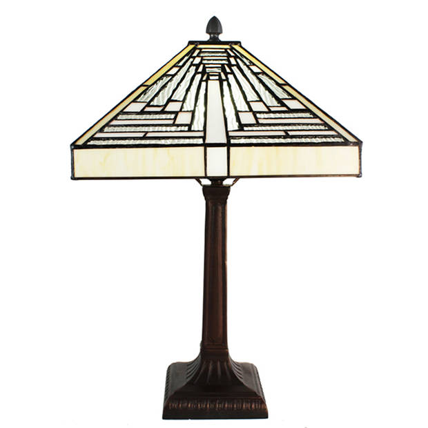 LumiLamp Tiffany Tafellamp 31x31x48 cm Wit Grijs Glas Kunststof Vierkant Tiffany Bureaulamp Wit Tiffany Bureaulamp