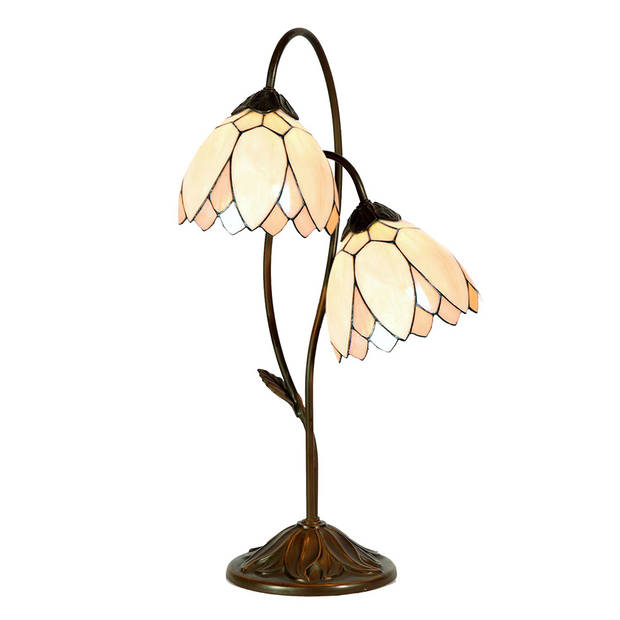 LumiLamp Tiffany Tafellamp Ø 33x61 cm Beige Bruin Glas Bloemen Tiffany Bureaulamp Beige Tiffany Bureaulamp