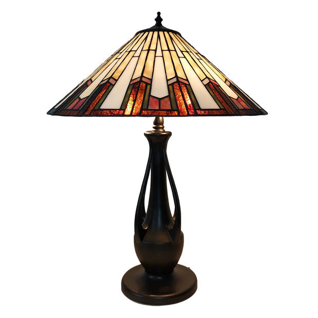 LumiLamp Tiffany Tafellamp Ø 46x60 cm Beige Bruin Glas Kunststof Rond Tiffany Bureaulamp Beige Tiffany Bureaulamp