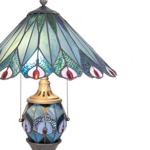 HAES DECO - Tiffany Tafellamp Blauw, Rood Ø 40x65 cm Fitting E27 / Lamp max 2x60W / Fitting E14 / Lamp max 1x7W
