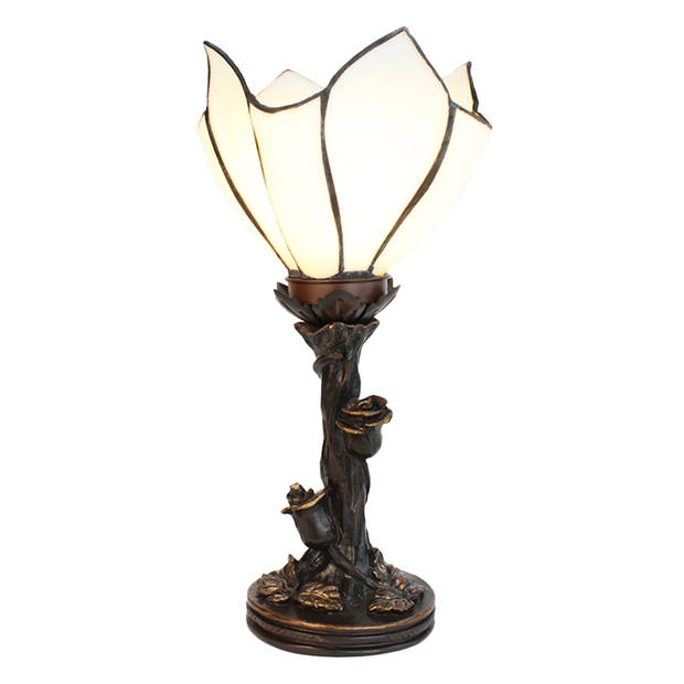 HAES DECO - Tiffany Tafellamp Bloem Wit, Bruin Ø 18x32 cm Fitting E14 / Lamp max 1x25W