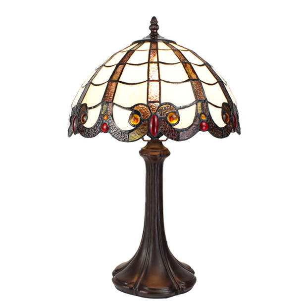 LumiLamp Tiffany Tafellamp 43 cm Wit Bruin Kunststof Glas Rond Tiffany Bureaulamp Wit Tiffany Bureaulamp