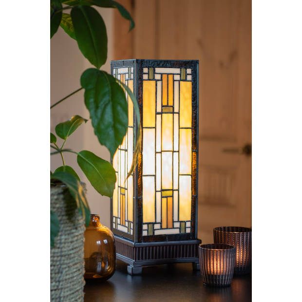 HAES DECO - Tiffany Tafellamp Bruin, Beige 18x18x45 cm Fitting E27 / Lamp max 1x60W