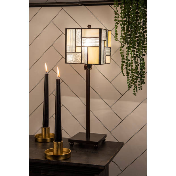 HAES DECO - Tiffany Tafellamp Bruin, Beige, Wit 13x13x28 cm Fitting E14 / Lamp max 1x25W