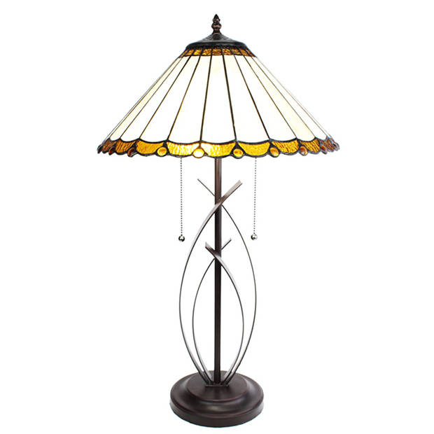 LumiLamp Tiffany Tafellamp Ø 41x69 cm Beige Bruin Glas Kunststof Rond Tiffany Bureaulamp Beige Tiffany Bureaulamp