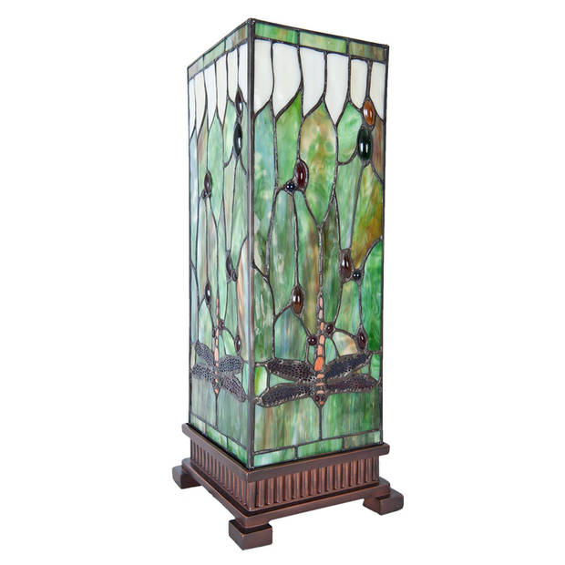 HAES DECO - Tiffany Tafellamp Groen, Bruin, Beige 18x18x45 cm Fitting E27 / Lamp max 1x40W