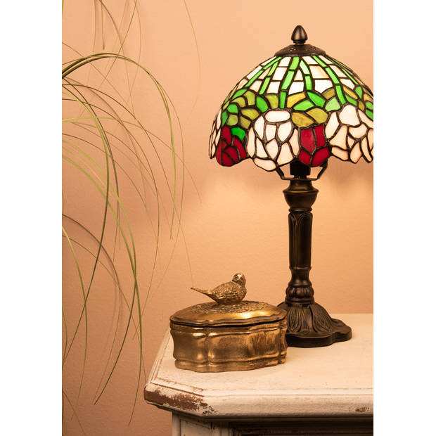 HAES DECO - Tiffany Tafellamp Groen, Roze Ø 21x39 cm Fitting E14 / Lamp max 1x25W