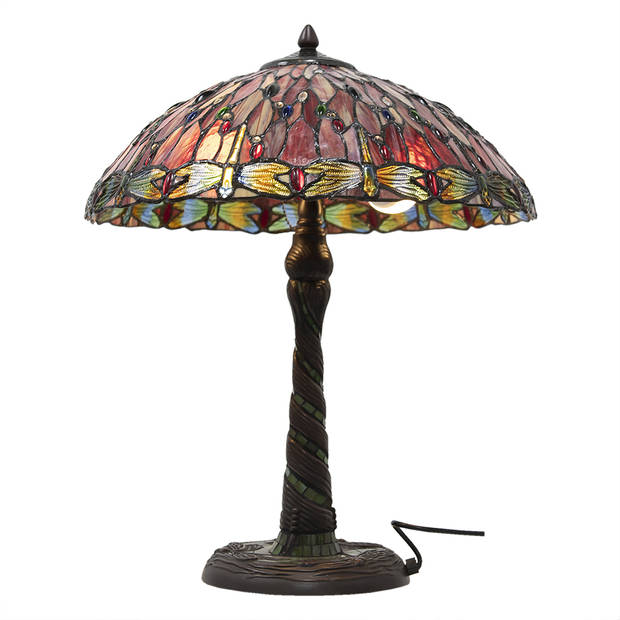 HAES DECO - Tiffany Tafellamp Rood, Beige Ø 45x56 cm Fitting E27 / Lamp max 3x60W