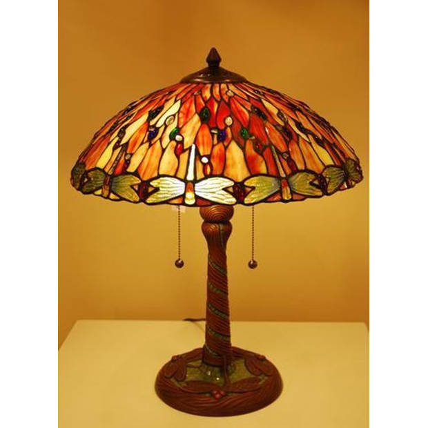 HAES DECO - Tiffany Tafellamp Rood, Beige Ø 45x56 cm Fitting E27 / Lamp max 3x60W