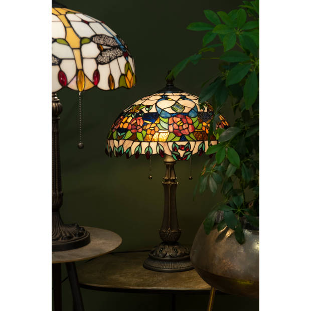 HAES DECO - Tiffany Tafellamp Rood, Groen Ø 41x67 cm Fitting E27 / Lamp max 2x60w