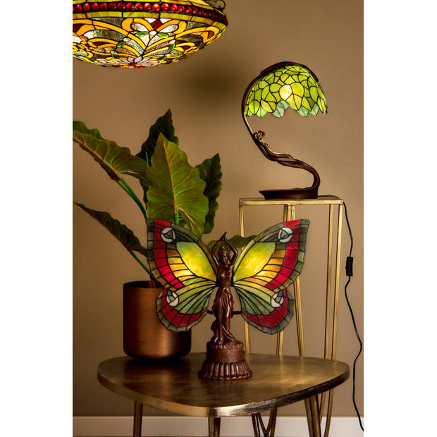 HAES DECO - Tiffany Tafellamp Vlinder Rood 41x20x41 cm Fitting E14 / Lamp max 2x25W