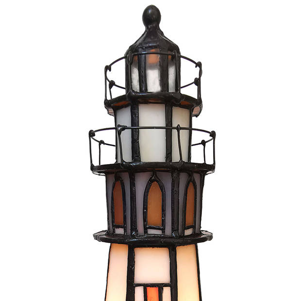 HAES DECO - Tiffany Tafellamp Vuurtoren Bruin, Beige 11x11x25 cm Fitting E14 / Lamp max 1x25W