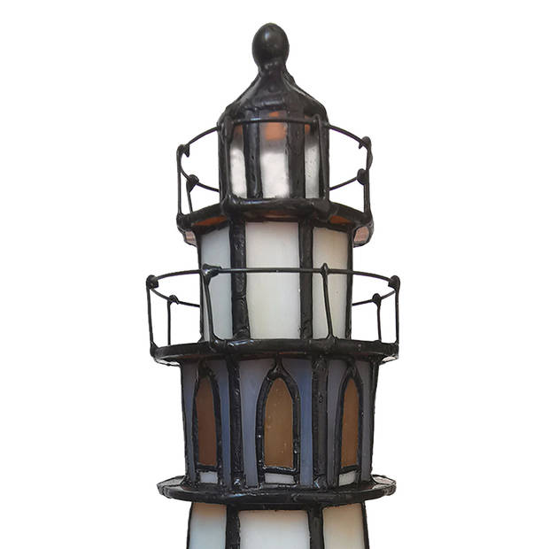 HAES DECO - Tiffany Tafellamp Vuurtoren Bruin, Beige 11x11x25 cm Fitting E14 / Lamp max 1x25W