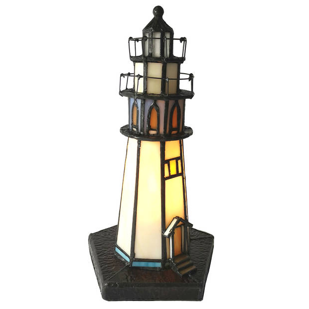 LumiLamp Tiffany Tafellamp Vuurtoren 15x15x25 cm Beige Blauw Glas Tiffany Lampen Beige Tiffany Lampen