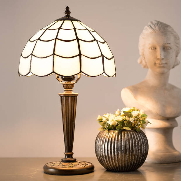 HAES DECO - Tiffany Tafellamp Wit, Bruin Ø 25x43 cm Fitting E27 / Lamp max 1x40W
