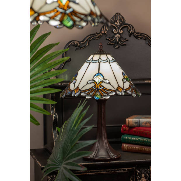 HAES DECO - Tiffany Tafellamp Wit, Bruin, Groen Ø 31x49 cm Fitting E27 / Lamp max 1x40W