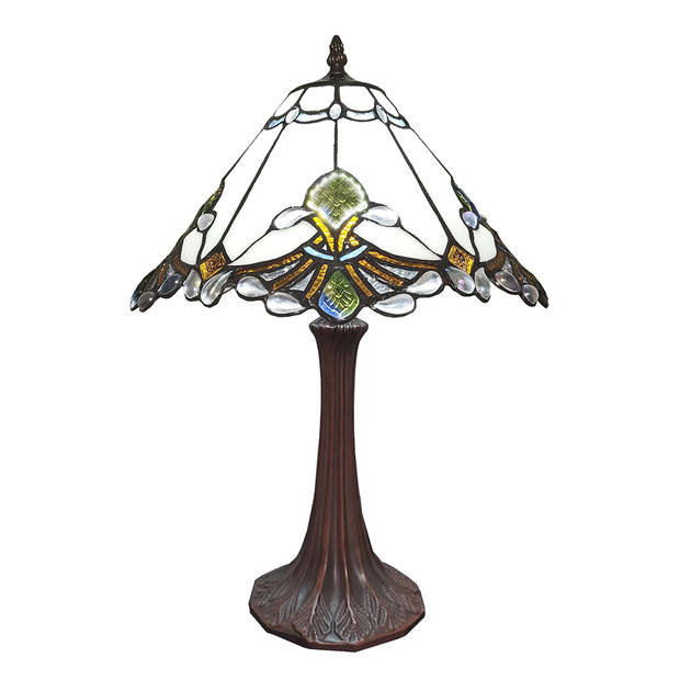 HAES DECO - Tiffany Tafellamp Wit, Bruin, Groen Ø 31x49 cm Fitting E27 / Lamp max 1x40W