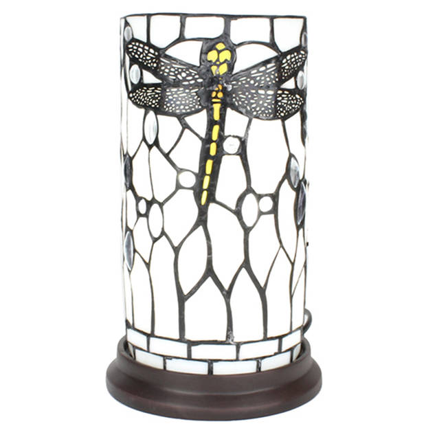 LumiLamp Tiffany Tafellamp Ø 15x26 cm Wit Grijs Glas Kunststof Rond Libelle Tiffany Bureaulamp Wit Tiffany Bureaulamp