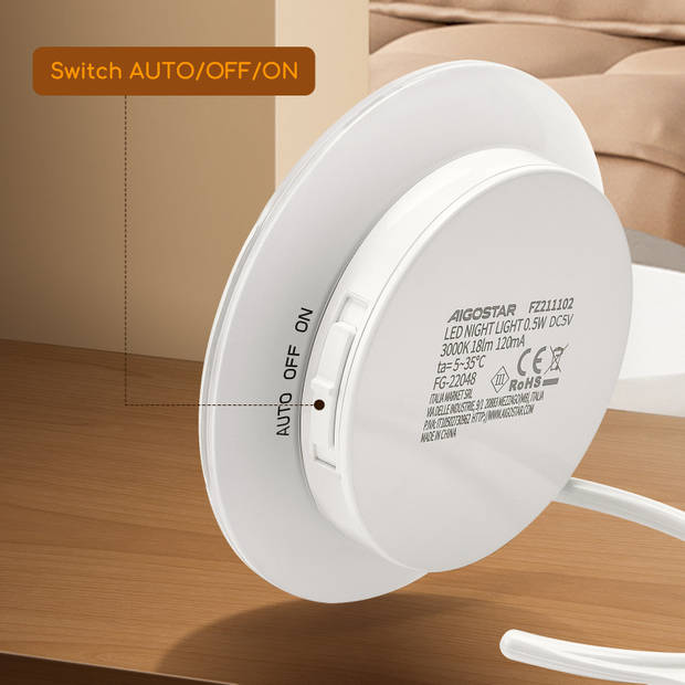 Aigostar 10BA6 - LED Nachtlampje met Bewegingssensor - Nacht Lamp Babykamer - Dag en Nacht Sensor - USB Oplaadbaar - Wit