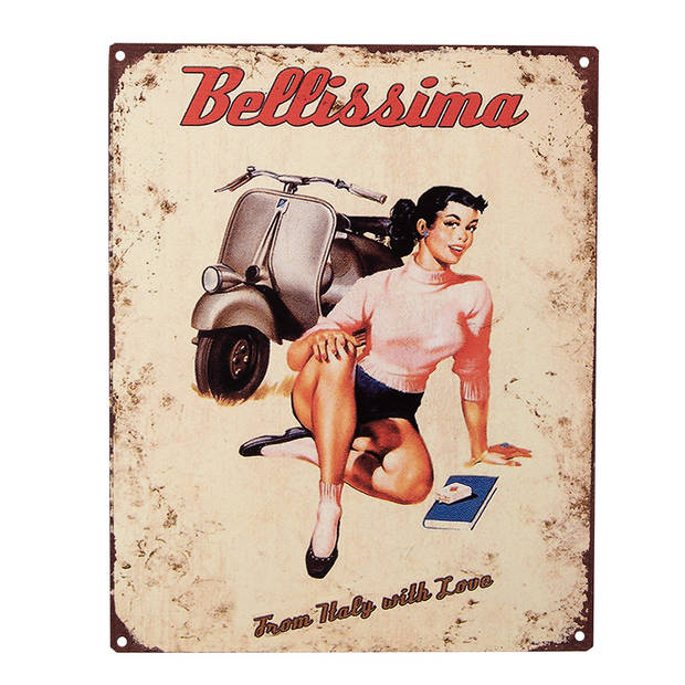 Clayre & Eef Tekstbord 20x25 cm Beige Ijzer Vrouw met scooter Bellissima From Italy with love Wandbord Beige Wandbord