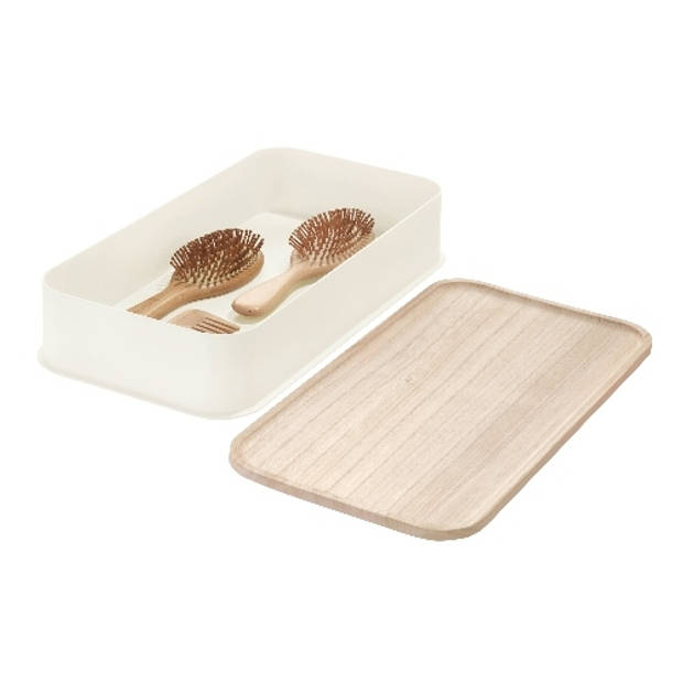 iDesign - Opbergbox met Deksel, 21.3 x 43 x 7.6 cm, Paulownia Hout, Kokoswit - iDesign Eco Storage