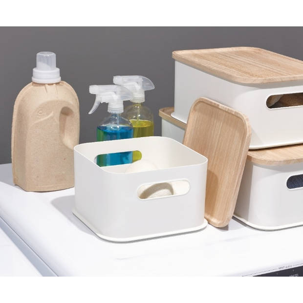 iDesign - Opbergbox met Handvat en Deksel, 21.3 x 21.3 x 12.7 cm, Paulownia Hout, Kokoswit - iDesign Eco Storage