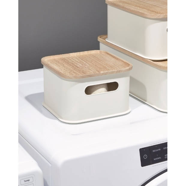 iDesign - Opbergbox met Handvat en Deksel, 21.3 x 21.3 x 12.7 cm, Paulownia Hout, Kokoswit - iDesign Eco Storage