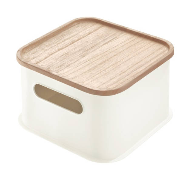 iDesign - Opbergbox met Handvat en Deksel, 21.3 x 21.3 x 12.7 cm, Paulownia Hout, Kokoswit - iDesign Eco Storage