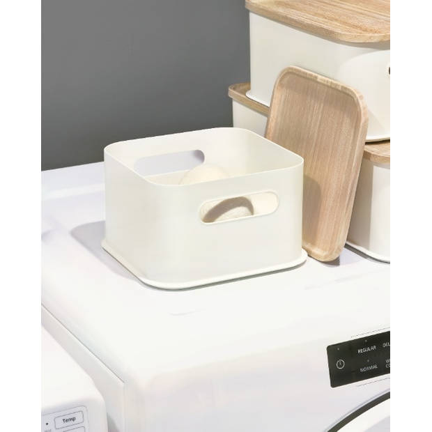 iDesign - Opbergbox met Handvat en Deksel, 21.3 x 21.3 x 12.7 cm, Paulownia Hout, Kokoswit - iDesign Eco Storage