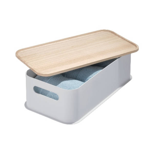 iDesign - Opbergbox met Handvat en Deksel, 21.3 x 43 x 12.7 cm, Paulownia Hout, Grijs - iDesign Eco Storage