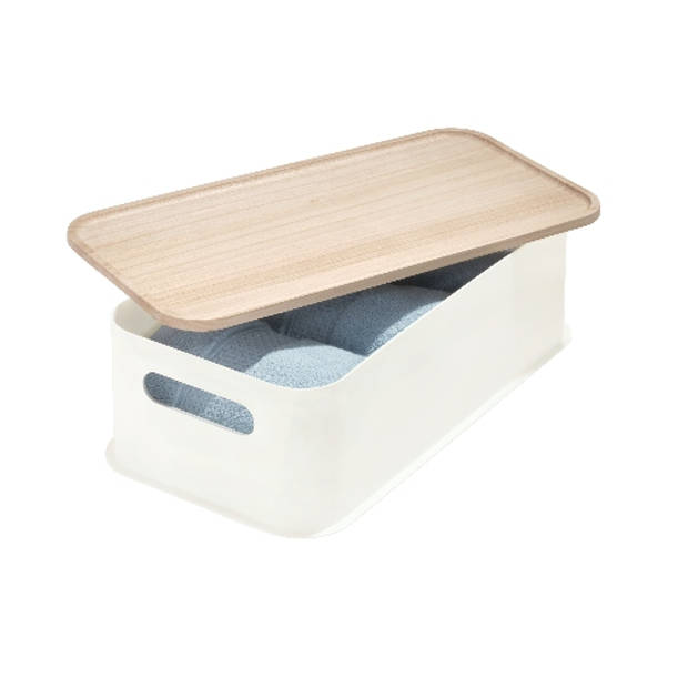 iDesign - Opbergbox met Handvat en Deksel, 21.3 x 43 x 12.7 cm, Paulownia Hout, Kokoswit - iDesign Eco Storage