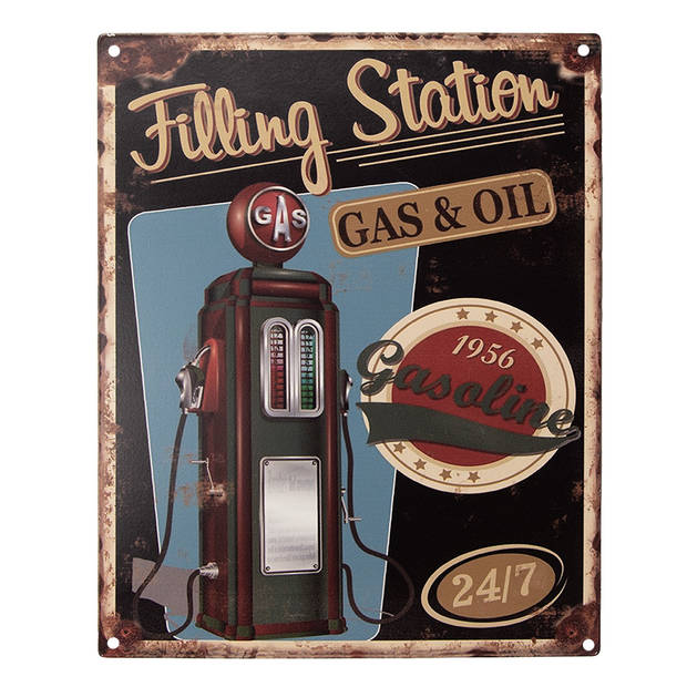 Clayre & Eef Tekstbord 20x25 cm Zwart Ijzer Filling station Wandbord Zwart Wandbord