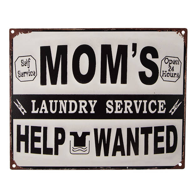 Clayre & Eef Tekstbord 25x20 cm Wit Zwart Ijzer Mom's laundry service Wandbord Wit Wandbord