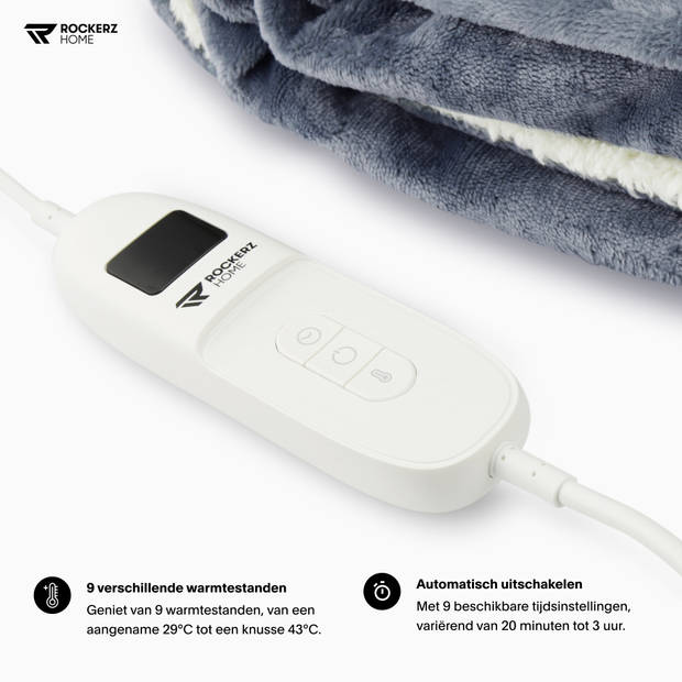 Elektrische deken - Afmetingen 200 x 180 cm - 9 warmtestanden - Automatische uitschakeling - XL snoer - Grijs