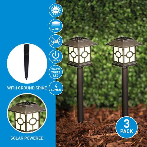 Grundig Solar Tuinverlichting - Tuinfakkels 3 Stuks - Warm Wit LED - Batterijduur 6 tot 8 Uur - Padverlichting - Zwart