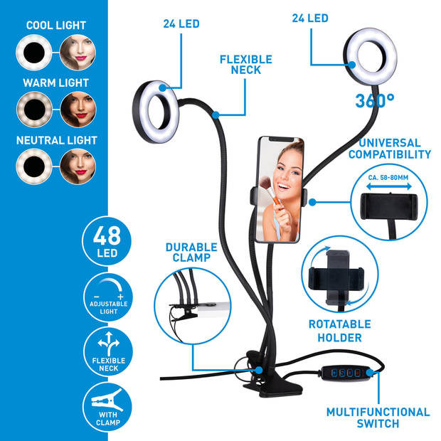 Grundig Selfie Studio Ring Lamp - 2x Lamps - Social Media and Vlogs - with Table Clamp - Flexible Neck - USB