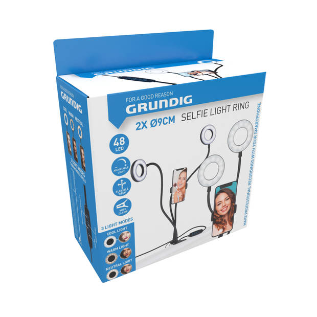 Grundig Selfie Studio Ring Lamp - 2x Lamps - Social Media and Vlogs - with Table Clamp - Flexible Neck - USB