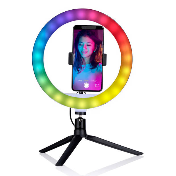 Grundig Selfie Ringlamp op Statief - voor Smartphone - Social Media en Vlogs - 152 LED - Flexibel - ?25 cm