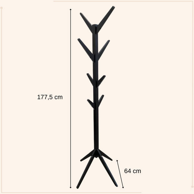 MISOU Kapstok - Staand - Zwart - 177 cm - 8 Haken - Hout