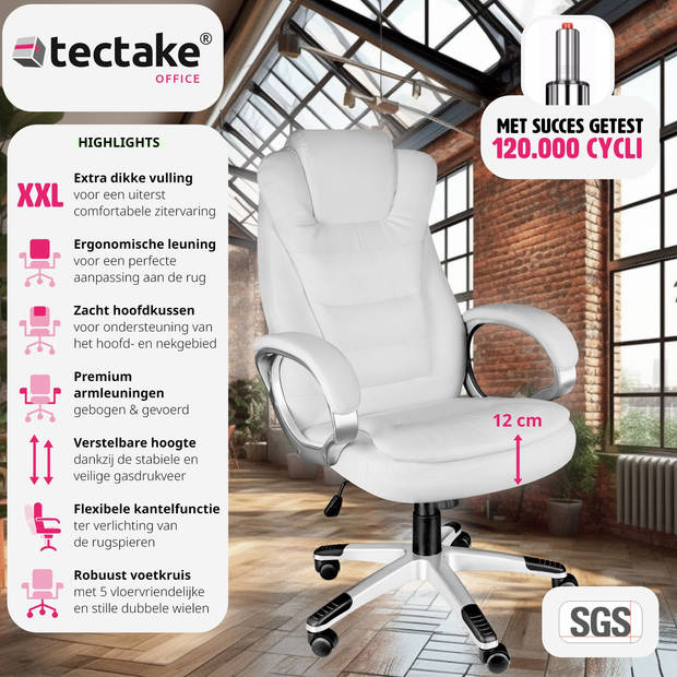 tectake - Luxe Design Bureaustoel Zulu - Wit- Kunstleer - Verstelbaar