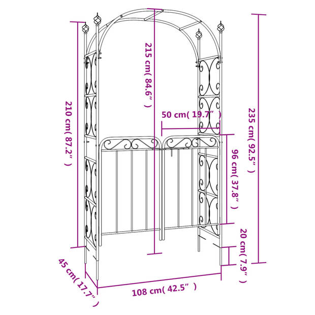 vidaXL Tuinboog met poort 108x45x235 cm staal zwart