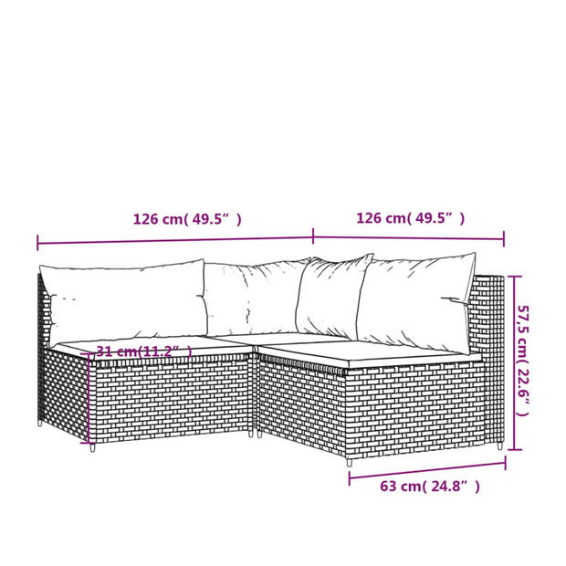 The Living Store Loungeset - PE-rattan - Zwart - Hoekbank 63x63x57.5 cm - Middenbank 63x63x57.5 cm - Comfortabele