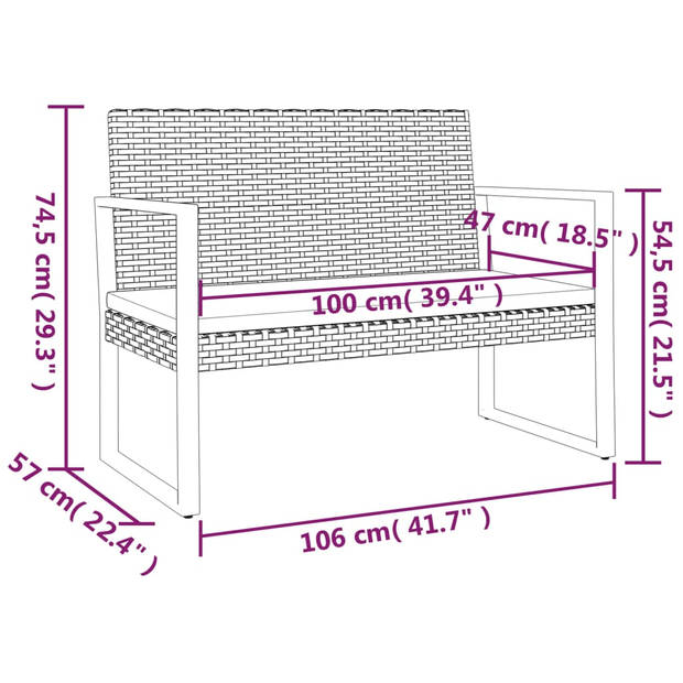 vidaXL Tuinbank met kussens 106 cm poly rattan zwart